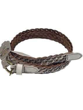 Fossil Braided Leather Belt Womens Medium Brown White Blue Gold Buckle
